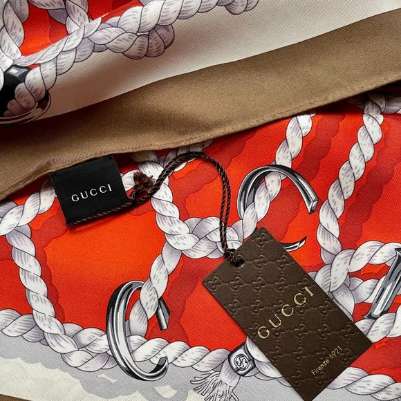 New Gucci Silk Scarf Orange Ropes Print Beige Border Silk Wrap Scarf - Picture 8 of 14